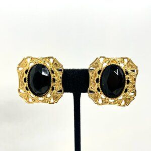 Vintage SARAH COVENTRY Earrings Clip On Black Faceted Gold Tone Filigree